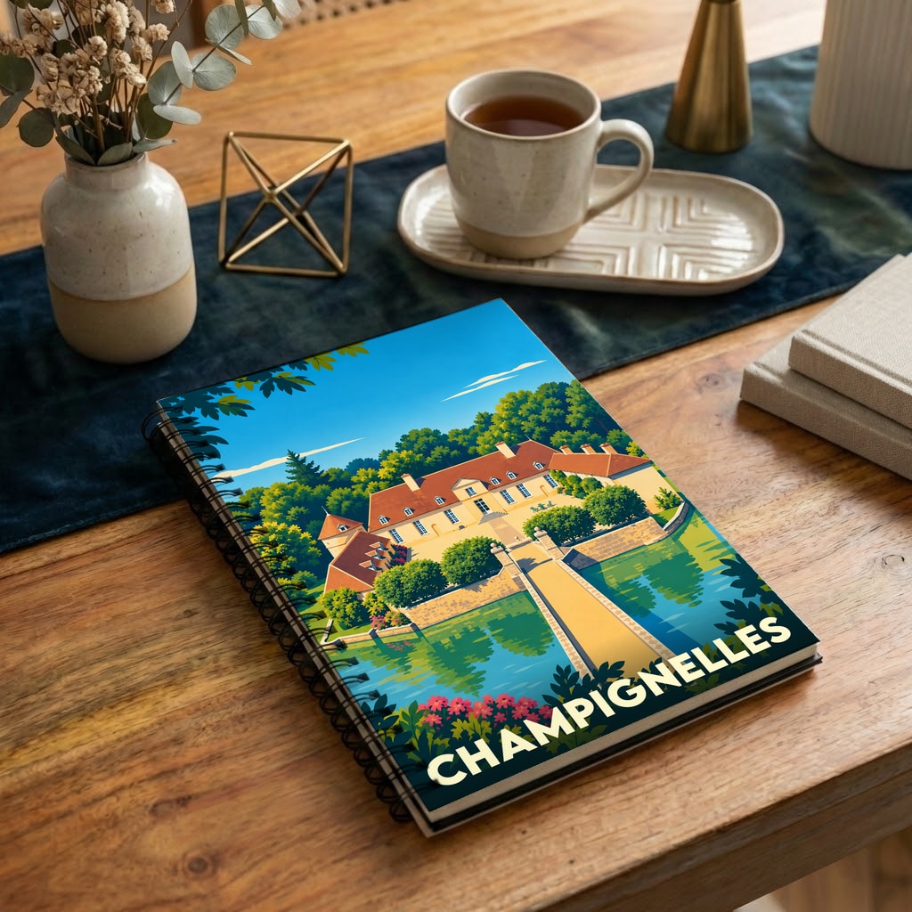 Carnet à spirales souvenir de la ville de Champignelles avec une illustration stylisée d'un château au bord de l'eau.