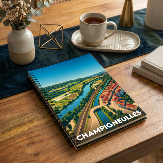 Carnet de notes à spirales souvenir de la ville de Champigneulles avec une illustration de paysage colorée.