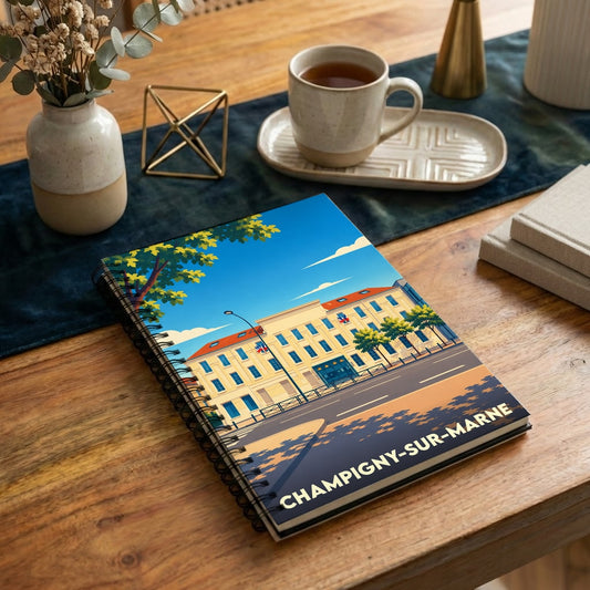 Carnet de notes à spirales souvenir de Champigny-sur-Marne avec une illustration stylisée de la ville.