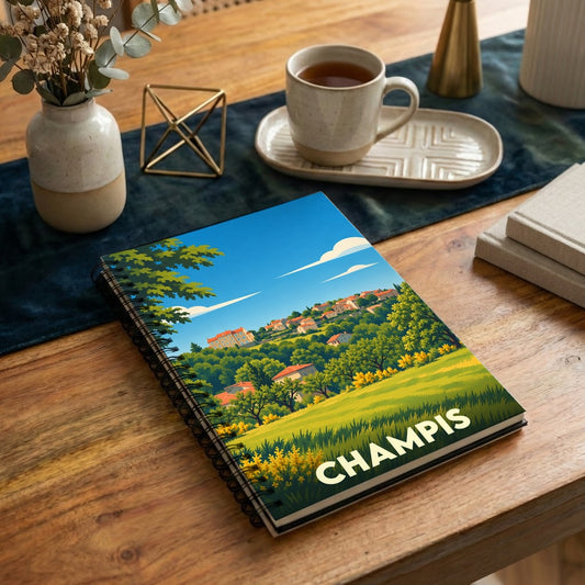 Carnet à spirales souvenir de la ville de Champis avec une illustration de paysage vallonné.