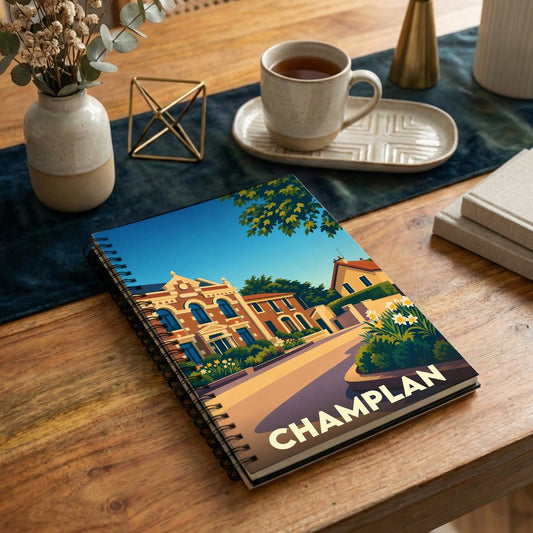 Carnet souvenir à spirales de la ville de Champlan orné d'une illustration stylisée de ses rues et bâtiments.