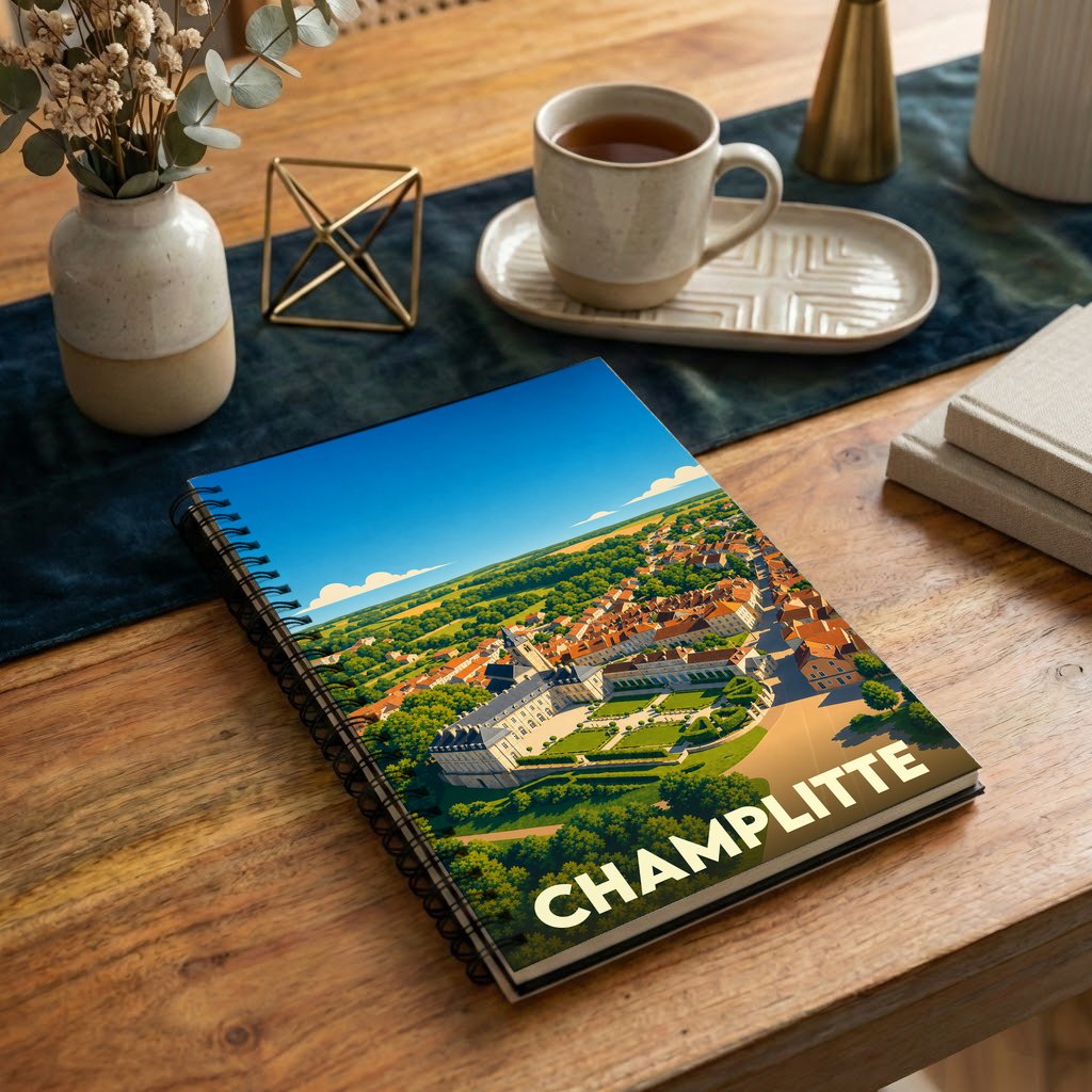 Carnet à spirales souvenir de la ville de Champlitte avec une illustration stylisée de son château et de ses paysages.