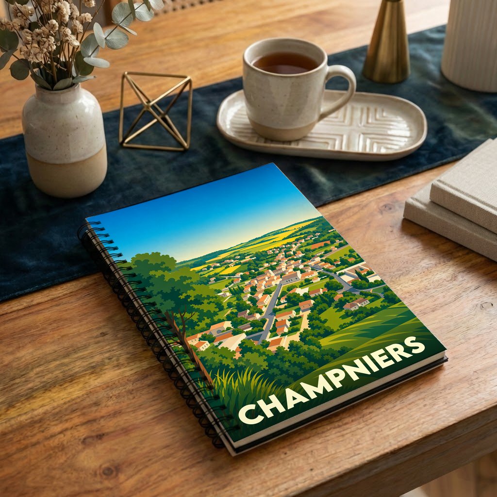 Carnet à spirale souvenir de la ville de Champniers avec une illustration paysagère stylisée.