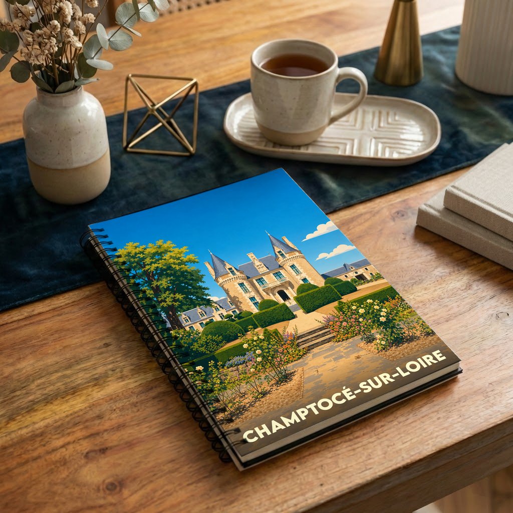 Carnet à spirales souvenir de Champtocé-sur-Loire avec une illustration stylisée de son château.