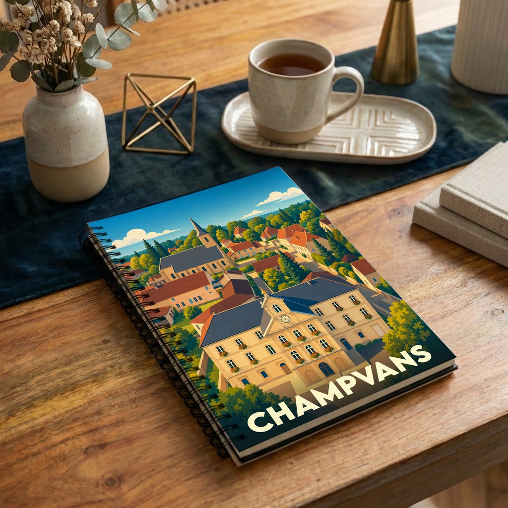 Carnet à spirales souvenir de la ville de Champvans avec une illustration colorée et stylisée.