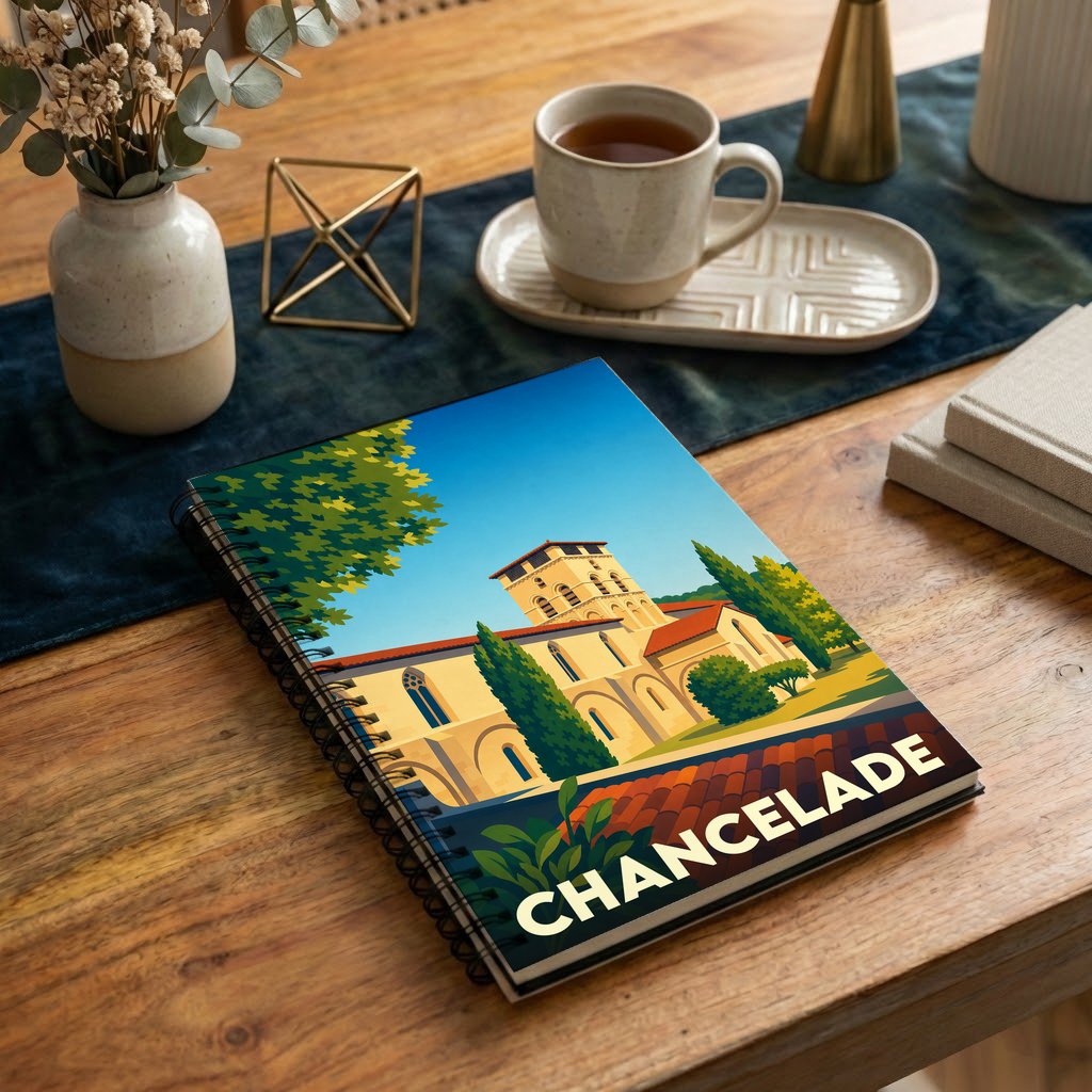 Carnet souvenir de la ville de Chancelade avec une illustration stylisée de son abbaye.