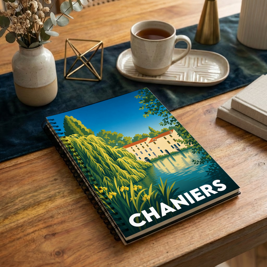 Carnet souvenir de la ville de Chaniers avec une illustration stylisée.