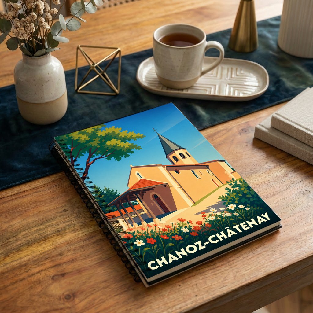 Carnet souvenir de la ville de Chanoz-Châtenay illustré d'un paysage stylisé de son église et de fleurs.