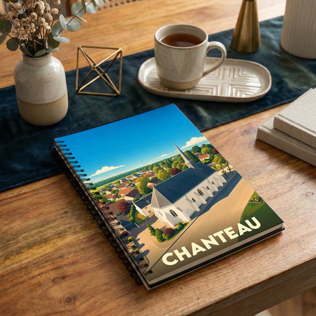 Carnet à spirales souvenir de la ville de Chanteau avec une illustration stylisée de son église et de ses paysages.