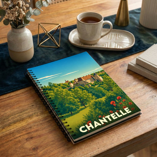 Carnet de notes souvenir de la ville de Chantelle avec une illustration de paysage stylisée.