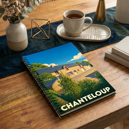 Carnet souvenir de la ville de Chanteloup avec une illustration stylisée d'une maison en pierre.