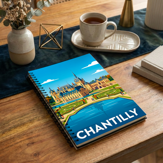 Carnet souvenir de la ville de Chantilly avec une illustration stylisée du château.