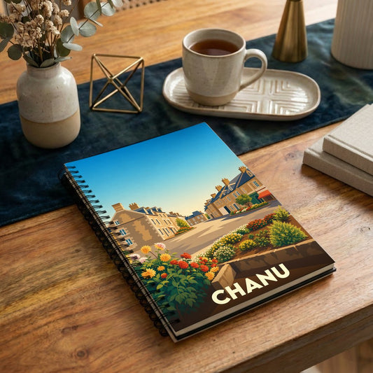 Carnet souvenir de la ville de Chanu avec une illustration stylisée d'un paysage urbain fleuri.