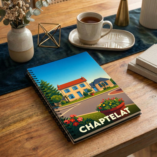 Carnet de notes souvenir de la ville de Chaptelat avec une illustration stylisée et colorée.