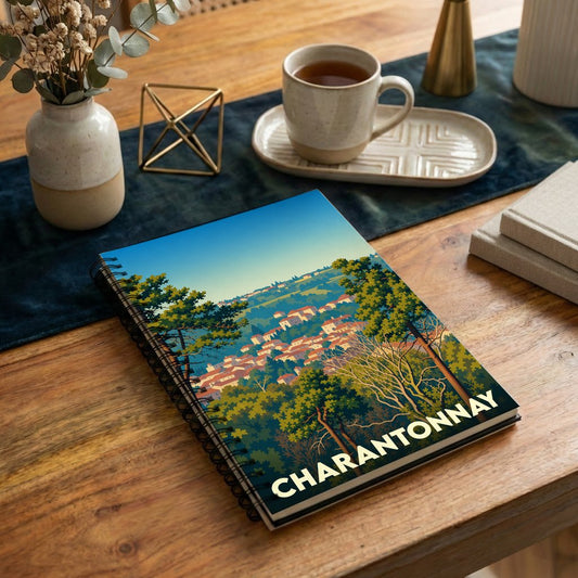 Carnet à spirales souvenir de la ville de Charantonnay avec une illustration stylisée d'un paysage arboré.