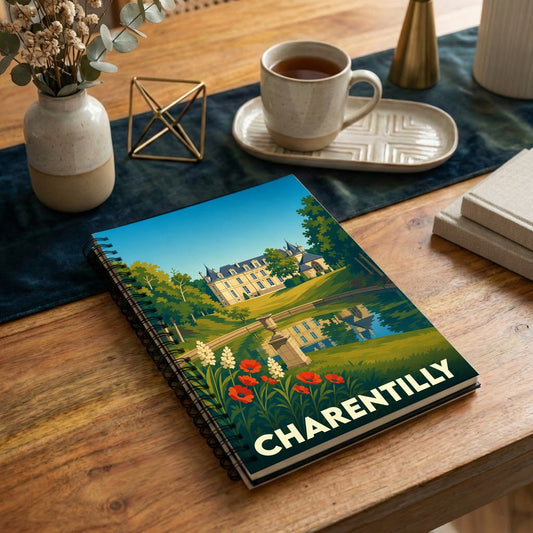 Carnet à spirales souvenir de la ville de Charentilly illustré par un château au bord de l'eau.