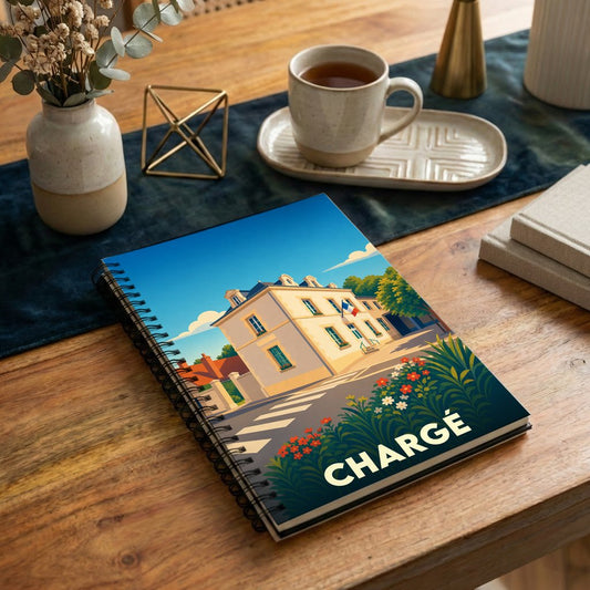 Carnet souvenir de la ville de Chargé avec une illustration stylisée.