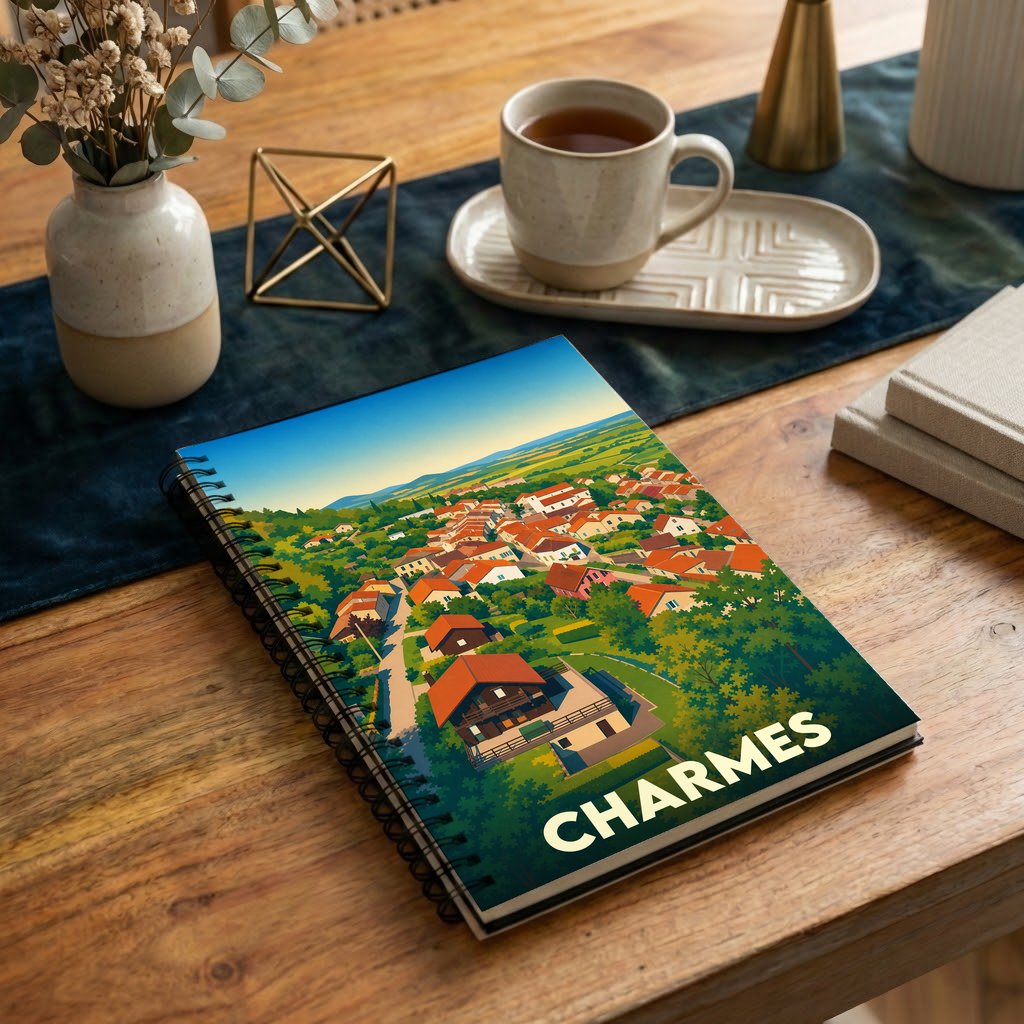 Carnet à spirales souvenir de la ville de Charmes avec une illustration stylisée d'un paysage urbain verdoyant.