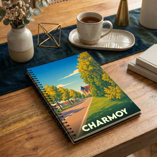 Carnet à spirales souvenir de la ville de Charmoy avec une illustration stylisée de paysages d'automne.