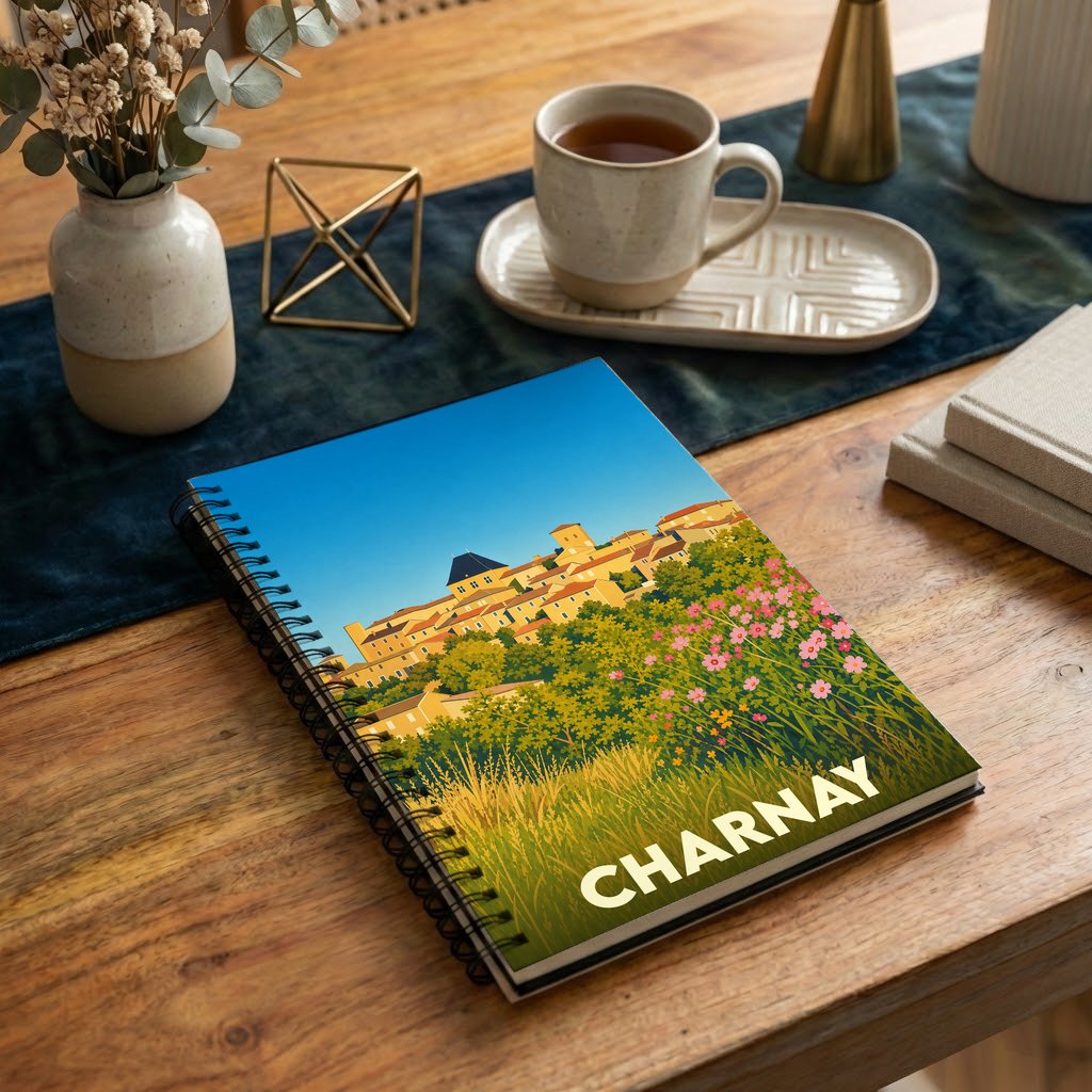 Carnet à spirales souvenir de la ville de Charnay avec une illustration stylisée et colorée.