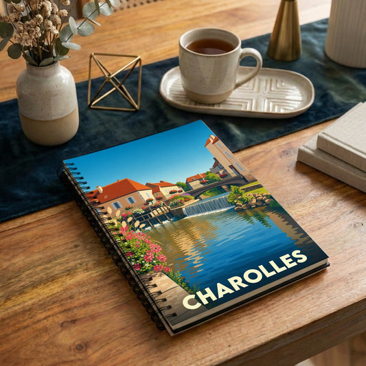 Carnet de notes souvenir de la ville de Charolles illustré d'un paysage urbain coloré au bord de l'eau.