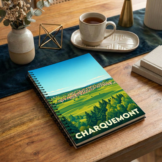 Carnet souvenir de la ville de Charquemont avec une illustration stylisée d'un paysage de campagne.