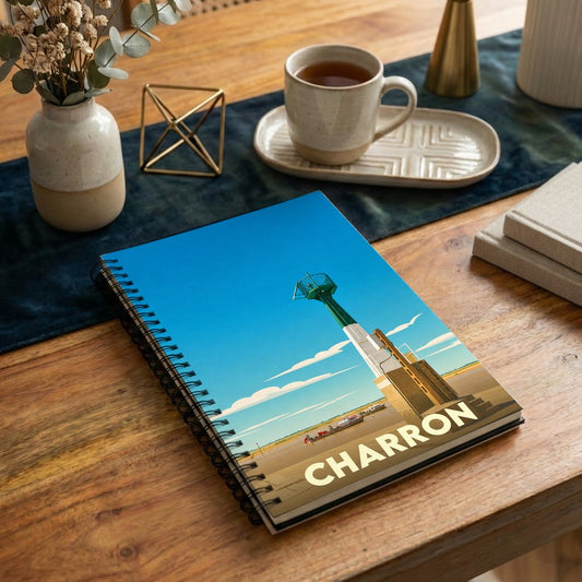 Carnet à spirales souvenir de la ville de Charron avec une illustration stylisée de son phare.
