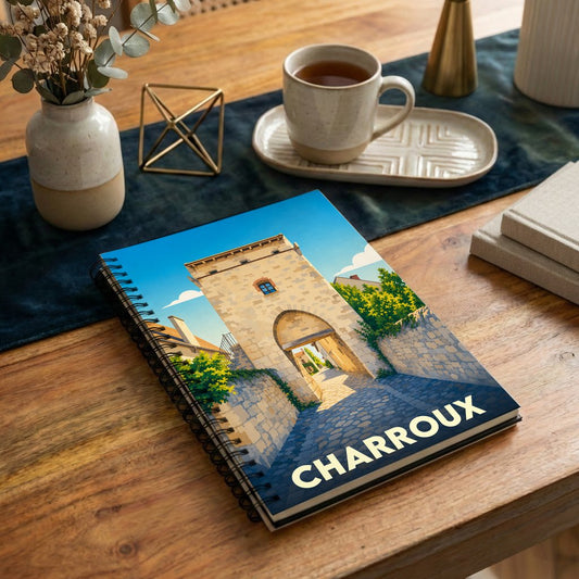 Carnet de notes à spirales souvenir de la ville de Charroux avec une illustration stylisée d'une porte médiévale.
