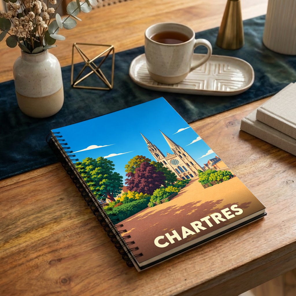 Carnet souvenir de la ville de Chartres avec une illustration stylisée de sa cathédrale.