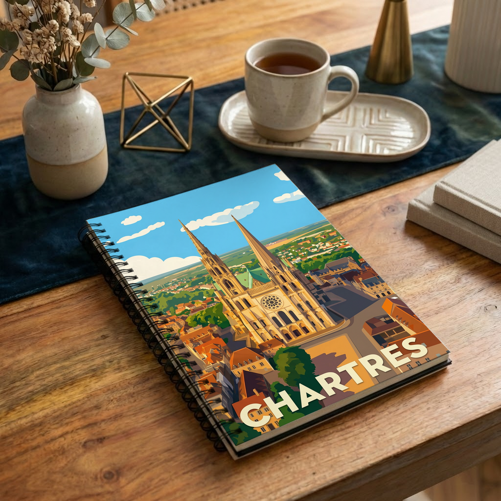 Carnet souvenir de la ville de Chartres avec une illustration stylisée de sa cathédrale.