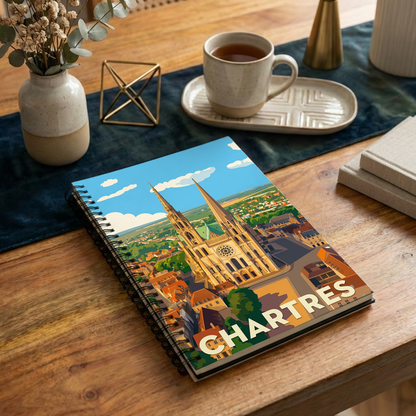 Carnet souvenir de la ville de Chartres avec une illustration stylisée de sa cathédrale.