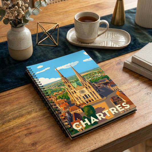 Carnet souvenir de la ville de Chartres avec une illustration stylisée de sa cathédrale.