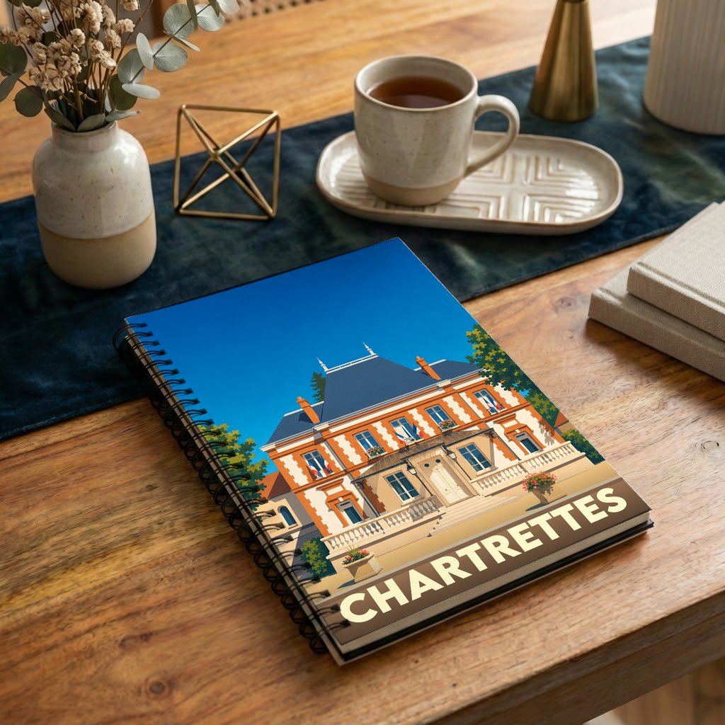 Carnet à spirales souvenir de la ville de Chartrettes avec une illustration stylisée de son hôtel de ville.