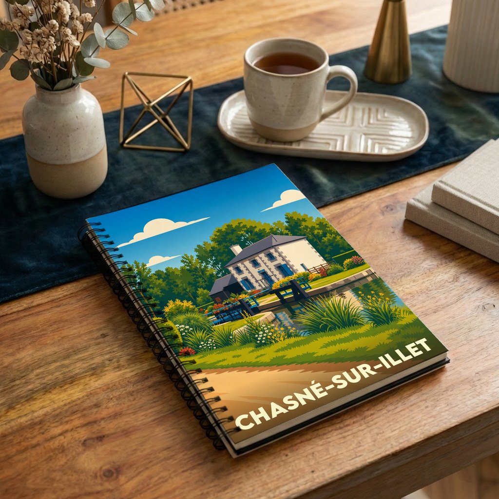 Carnet de notes souvenir de la ville de Chasné-sur-Illet avec une illustration stylisée de sa maison éclusière.