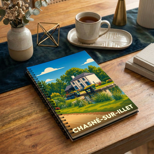 Carnet de notes souvenir de la ville de Chasné-sur-Illet avec une illustration stylisée de sa maison éclusière.