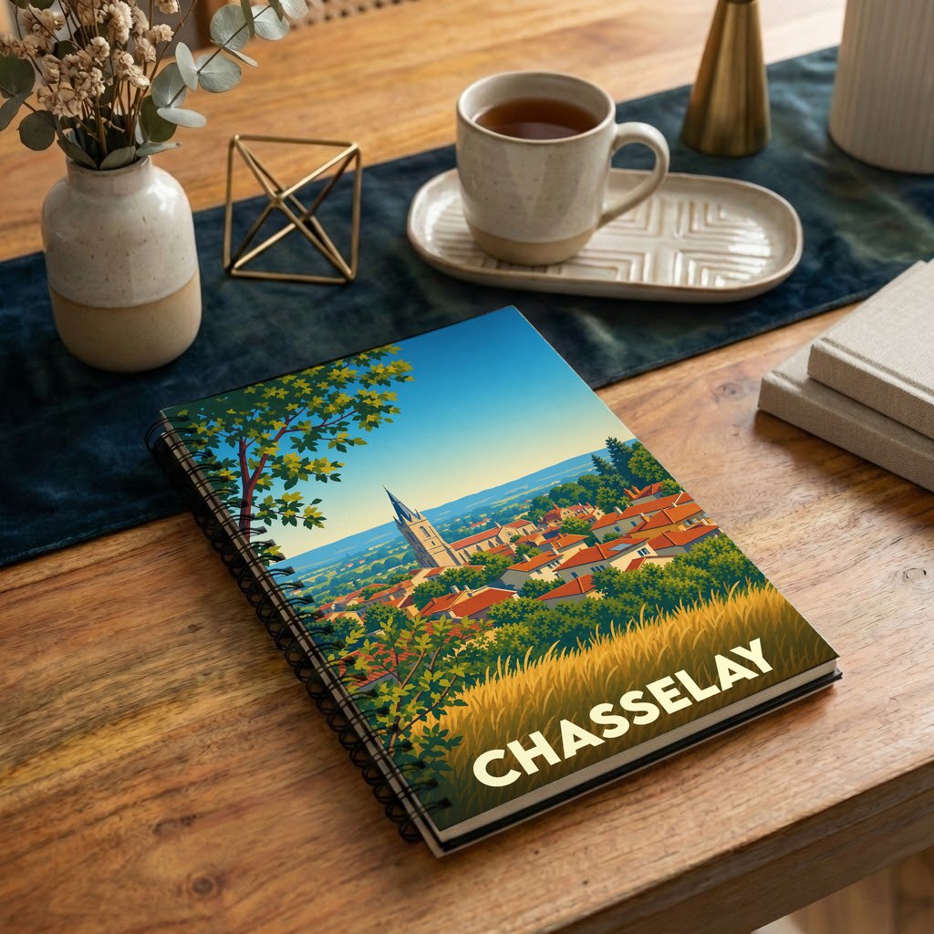 Carnet à spirales souvenir de la ville de Chasselay avec une illustration stylisée d'un paysage urbain.