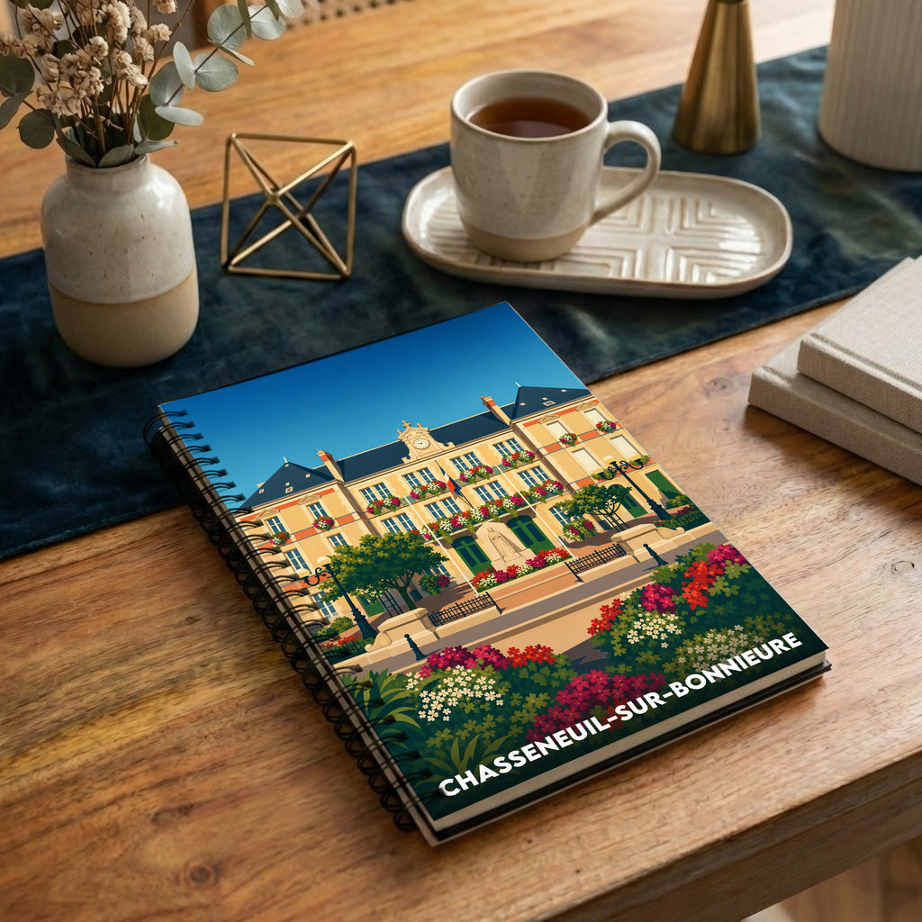 Carnet souvenir de la ville de Chasseneuil-sur-Bonnieure avec une illustration stylisée.