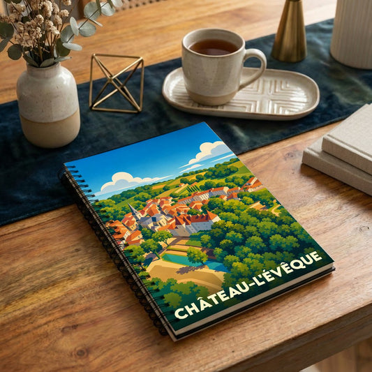 Carnet à spirales souvenir de la ville de Château-l'Évêque avec une illustration stylisée.