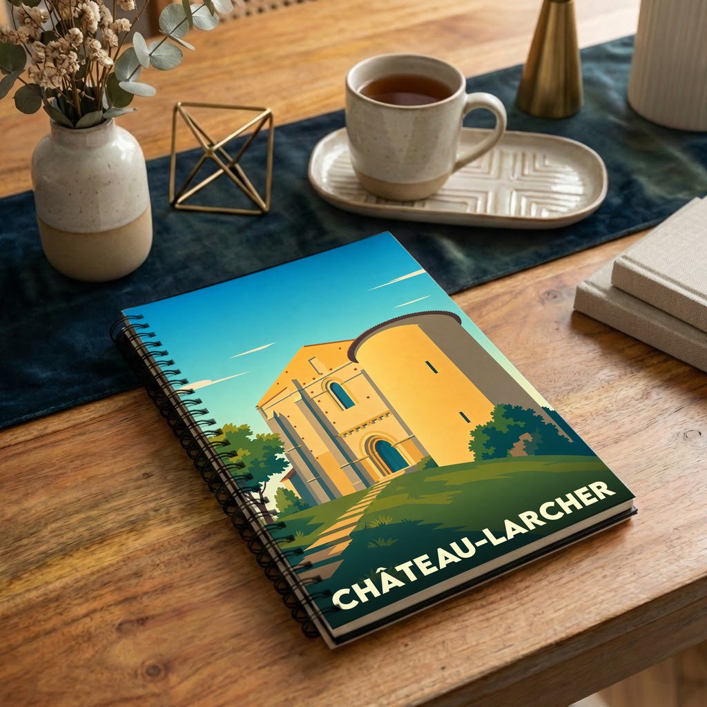 Carnet souvenir de la ville de Château-Larcher avec une illustration stylisée de son église.