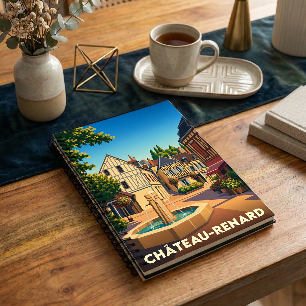 Carnet souvenir de la ville de Château-Renard avec une illustration stylisée d'une place ensoleillée et sa fontaine.
