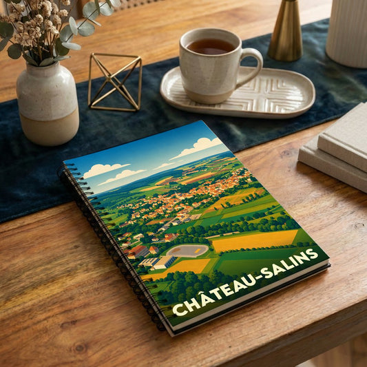 Carnet souvenir de la ville de Château-Salins avec une illustration stylisée de son paysage urbain et rural.