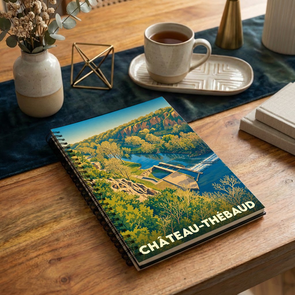 Carnet à spirales souvenir de Château-Thébaud avec une illustration stylisée d'un paysage de rivière et de falaises.