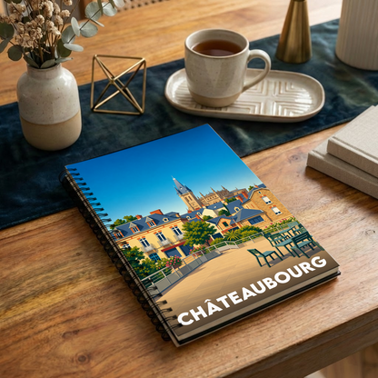 Carnet souvenir de la ville de Châteaubourg avec une illustration stylisée.