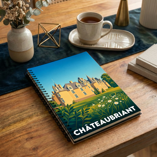 Carnet souvenir de la ville de Châteaubriant avec une illustration stylisée de son château.
