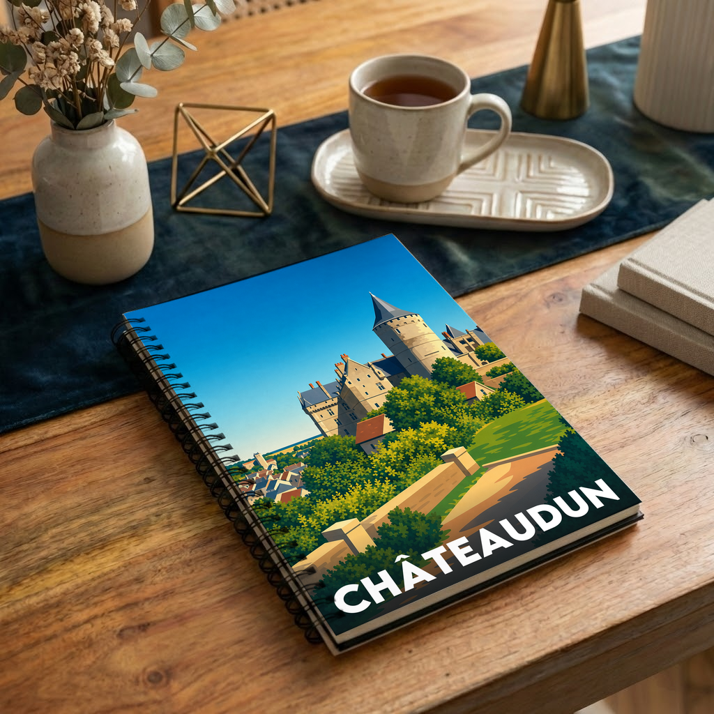Carnet souvenir de la ville de Châteaudun avec une illustration stylisée.