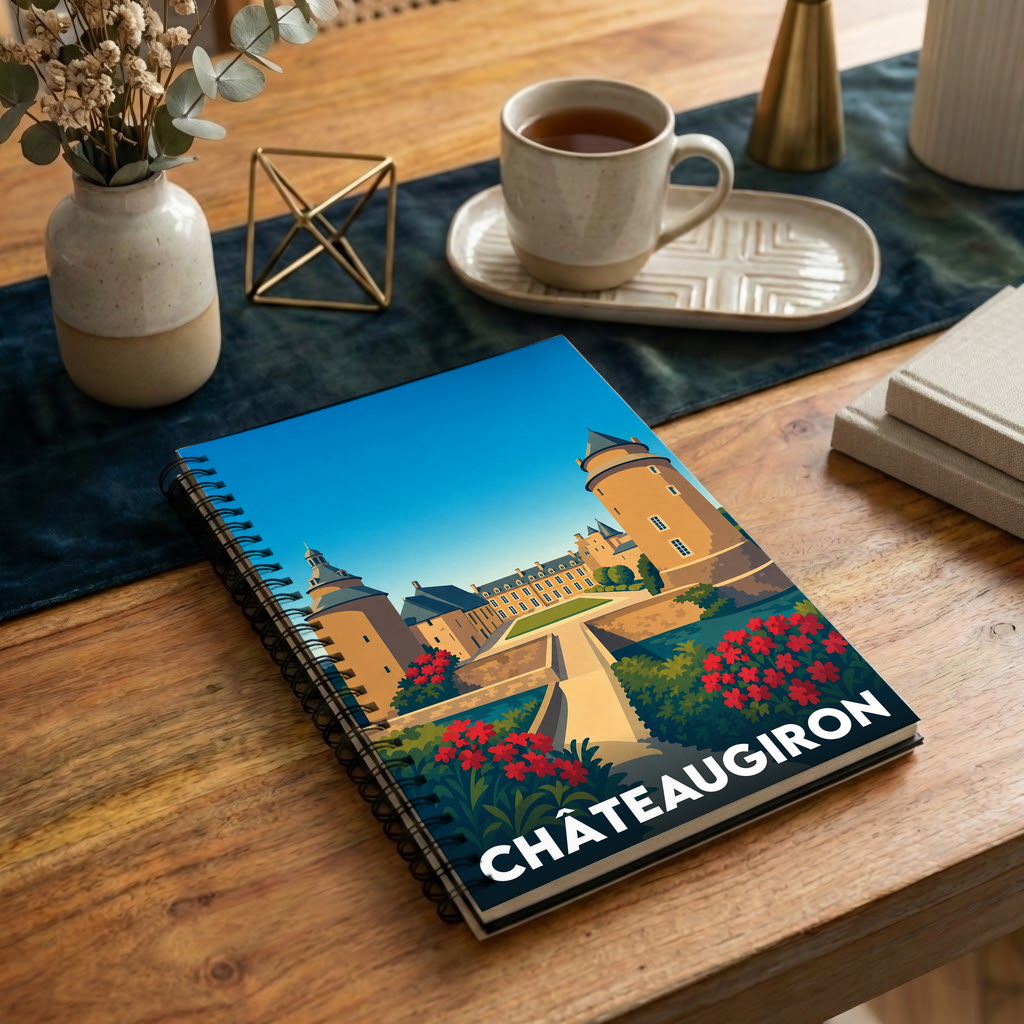 Carnet souvenir à spirale de la ville de Châteaugiron avec une illustration stylisée de son château.