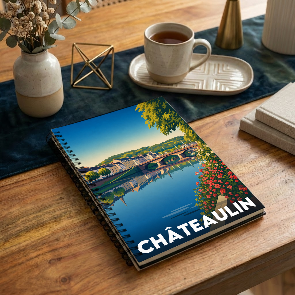 Carnet souvenir de la ville de Châteaulin avec une illustration graphique stylisée.