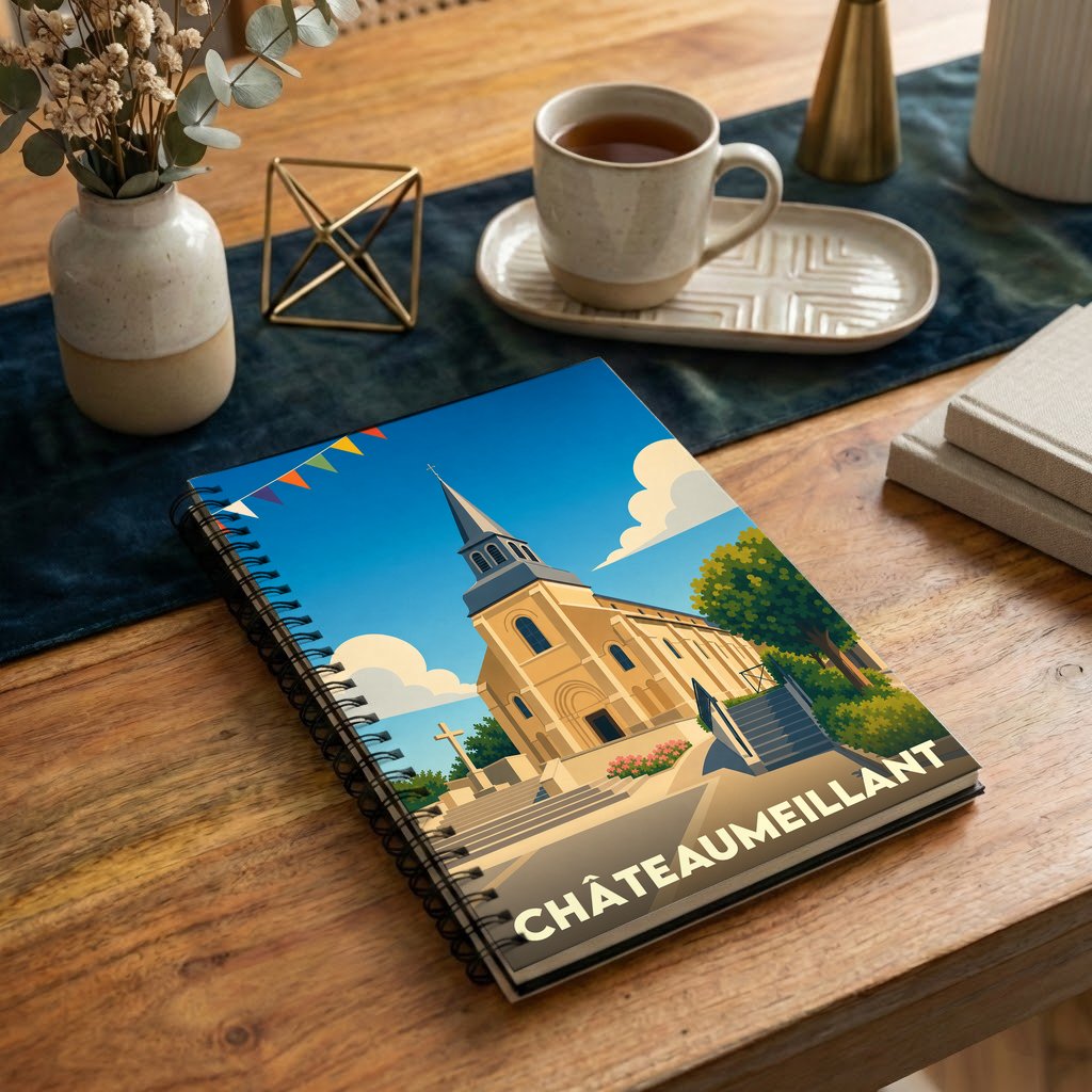 Carnet à spirales souvenir de la ville de Châteaumeillant avec une illustration stylisée de son église.