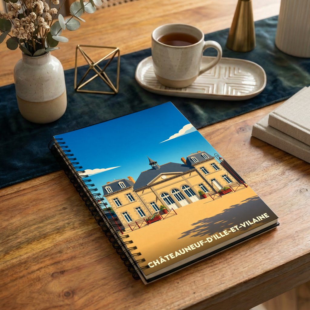 Carnet à spirales souvenir de la ville de Châteauneuf-d'Ille-et-Vilaine avec une illustration stylisée de son architecture.