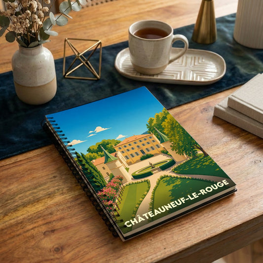 Carnet à spirales souvenir de la ville de Châteauneuf-le-Rouge avec une illustration stylisée de son château.